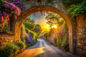Stone archway passage blooming with vibrant flowers, leading to a sunlit road at sunset
