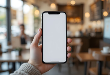 Smartphone with white screen in a woman's hand, set against a cozy morning coffee shop background.