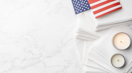 Memorial Day Tribute with Brochures, American Flag, and Candle Flat Lay Display