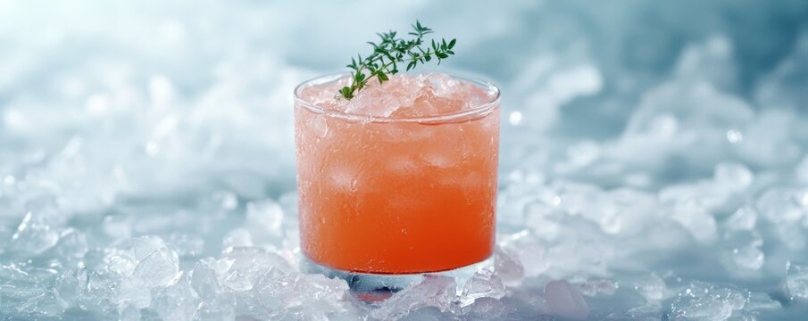 A zesty grapefruit and thyme mocktail, beautifully garnished with a sprig of fresh thyme and served over crushed ice.