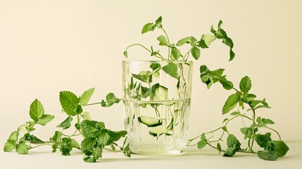 A botanical-inspired composition of cucumber vines and mint leaves intertwining around a tea glass, against a soft gradient pastel background