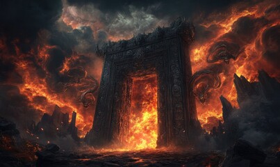 Fiery ancient gate, dragons, apocalyptic landscape