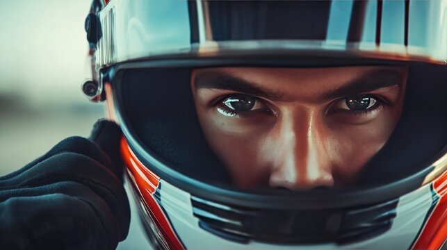 A close-up of a drag racer adjusting their helmet and preparing for a race. Featuring concentration and readiness