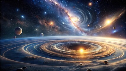 A Celestial Tapestry of Planets, Nebulae, and a Galactic Vortex An Imaginary Cosmic Landscape Featuring Vibrant Stars and Glowing Dust Clouds