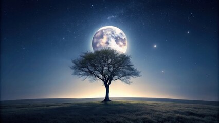 Serene Night Scene Lone Tree Silhouetted Against a Majestic Full Moon and Starry Sky