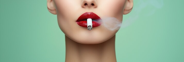 A woman is smoking a cigarette while wearing red lipstick. Concept of rebellion and defiance, as smoking is often associated with negative health effects and is frowned upon in many social settings