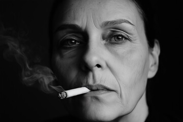 Obraz premium A woman is smoking a cigarette and the smoke is coming out of her mouth. Concept of addiction and the negative effects of smoking on one's health