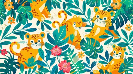 Cute leopards in a tropical jungle pattern