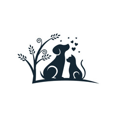 dog and cat care with tree and heart