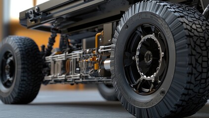 Fototapeta premium Industrial Truck Chassis, Detailed View, Modern Design, Urban Background