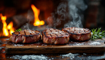 Grilled steaks with rosemary and salt, glowing in front of a cozy fireplace.