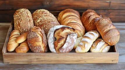Assorted Freshly Baked Breads in Wooden Tray