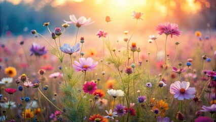 Vibrant wildflowers bathed in the golden light of a breathtaking sunset, a picturesque meadow scene showcasing a diverse array of colorful blossoms swaying gently in the breeze