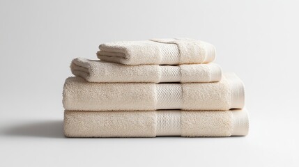 beige towels stacked on white background, cozy clean home