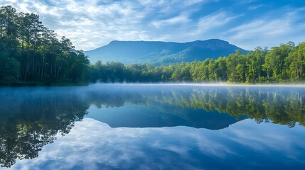 Serene mountain lake reflecting sunrise mist and lush greenery.
