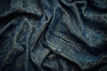 Dark blue fabric with subtle gold lines, crumpled and textured, showing rich detail and folds.