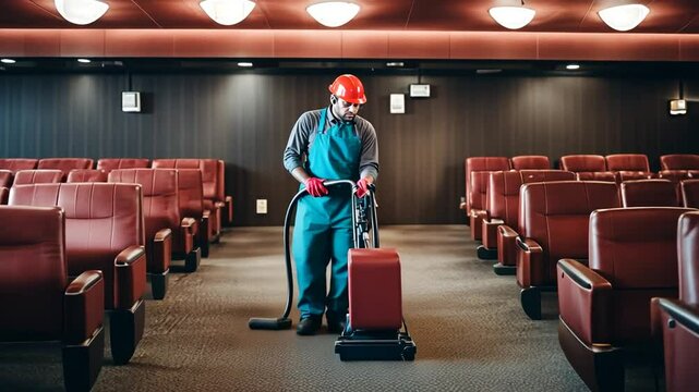 Cleaner cleaning a movie theater.