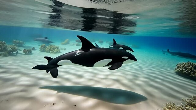 Group of orcas swimming in the sea.