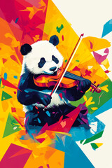 Contemporary art collage of happy panda playing violin over colourful background, Pop art style, Abstract art style, illustration music poster
