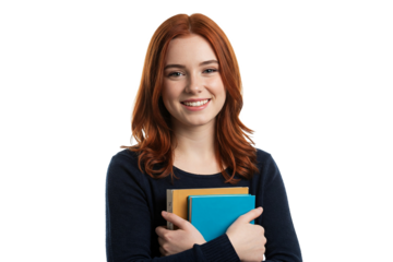 Portrait of a smiling young female student holding books, isolated on transparent background
