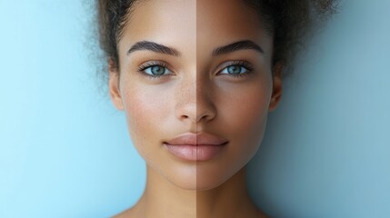 Naklejka premium Contrasting Skin Tone of Woman with Dual Complexion in Studio Setting on a Light Blue Background