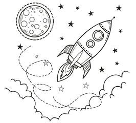  illustration of cute cartoon the rocket space flies to the moon