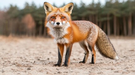 Fototapeta premium Majestic Red Fox Standing on Sandy Forest Floor Amidst Natural Woodland