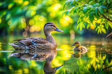 A mother duck and her duckling peacefully swim in a tranquil pond, surrounded by vibrant green foliage, bathed in the golden light of a sunny day.