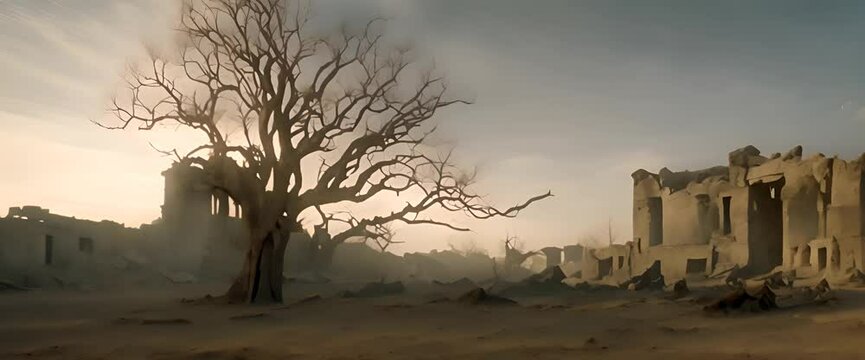The sky was a gloomy gray, with smoke billowing in the distance