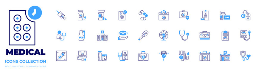Medical icon collection. Bold line style. Duotone colors. insulin, sonographer, medical care, medicine, medical mask, medical report, medical kit, vaccination, pills, first aid kit, stethoscope, spray