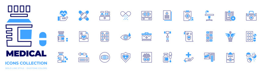 Medical icon collection. Bold line style. Duotone colors. medical insurance, medical report, medication, x ray, medical symbol, medical, medical kit, medical history, medical test, x rays, use mask