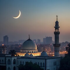 Fototapeta premium serene crescent moon mosque night scene with Islamic architecture and moonlit dome capturing peaceful Eid and Ramadan reflections cityscape in nocturnal Islamic art photography