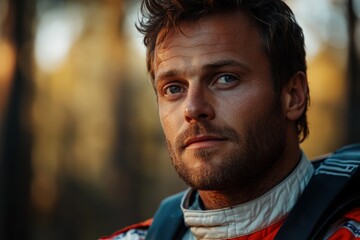 Intense focus of a car racer in a forest setting during golden hour before a race