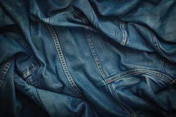 Naklejka premium Close-up of textured blue denim fabric, showcasing seams and folds.