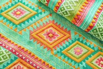 Vibrant Textile with Geometric Patterns and Floral Accents in a Multicolored Design