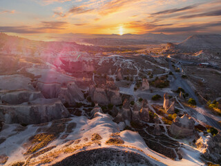 Aerial view of Cappadocia dramatic stone pillars at sunset in the valley of love © Parilov
