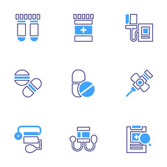 Medical icon set. Bold line style. Duotone colors. Editable stroke. medical check, medicine, tubes, pills, sphygmomanometer, butterfly needle