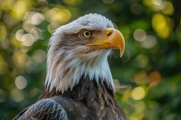 Obraz premium Majestic bald eagle portrait, sharp focus on its intense gaze and striking features against a bokeh background.