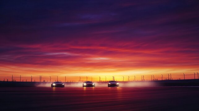 Drag racing at twilight with silhouettes of cars against a dramatic orange and purple sky. Featuring beauty and speed