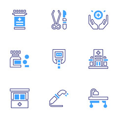 Medical icon set. Bold line style. Duotone colors. Editable stroke. medication, medical service, surgery tools, sugar blood level, health, suction, hospital, operating, medicine