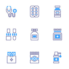Medical icon set. Bold line style. Duotone colors. Editable stroke. stethoscope, dropper, pills, medicine, antiseptic