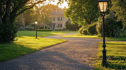 Obraz premium Serene Pathway Leading to Charming House in Sunlit Park Setting