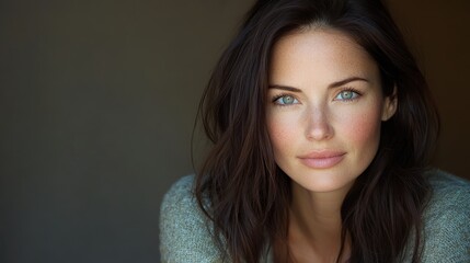 Naklejka premium Tranquil Close Up of a Dark Haired Woman with Captivating Blue Eyes and Serene Expression