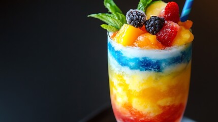Multicolored fruit slush with a tropical theme