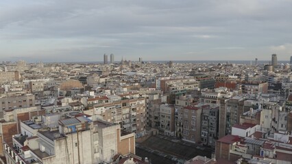 Panoramic view of the blocks with residential apartment buildings from a bird's-eye view. Drone video on a sunny day