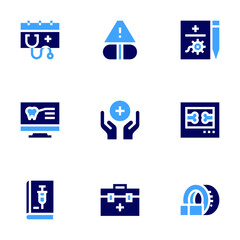 Medical icon set. Bold style. Duotone colors. medical report, medication, medical, x ray, medical care, medical book, first aid box, tomography