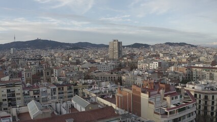 Panoramic view of the blocks with residential apartment buildings from a bird's-eye view. Drone video on a sunny day