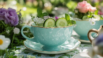 A whimsical Alice-in-Wonderland-inspired tea party scene, featuring cucumber mint iced tea in a quirky oversized cup