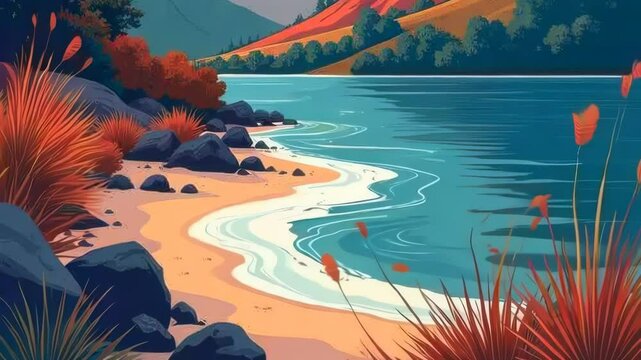 A painting of a beach with a body of water in the background. The water is blue and the beach is rocky