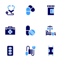 Medical icon set. Bold style. Duotone colors. stethoscope, pills, medicine cabinet, medicine, hypertension, tablet, hospital bed, stretcher